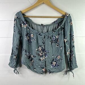 KENDALL & KYLIE Light Blue‎ Floral Button Up Off Shoulder Blouse Top Size Medium